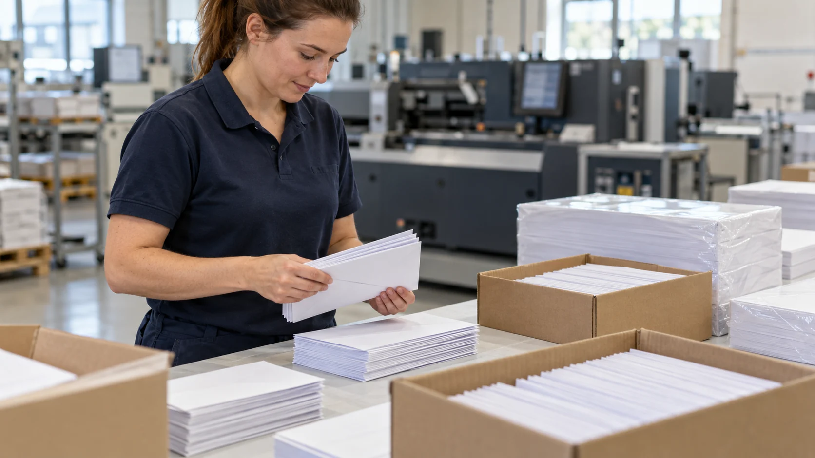 Ein Mitarbeiter zählt unbedruckte Umschläge neben Kartons und Papierpaketen in einem Druckbetrieb
