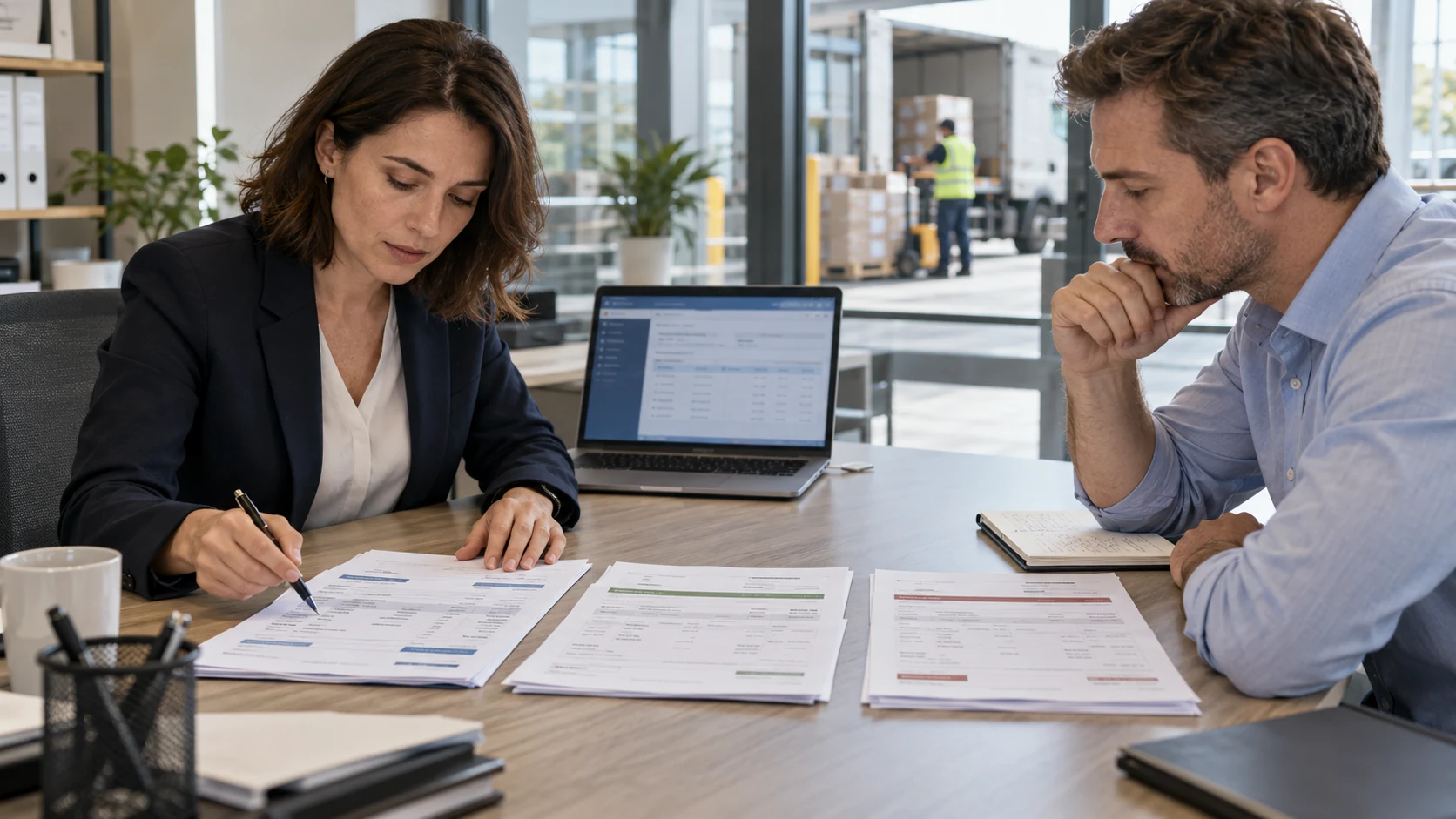 Accounts-Payable-Fachleute vergleichen Bestellung, Wareneingang und Rechnung neben einem Laptop